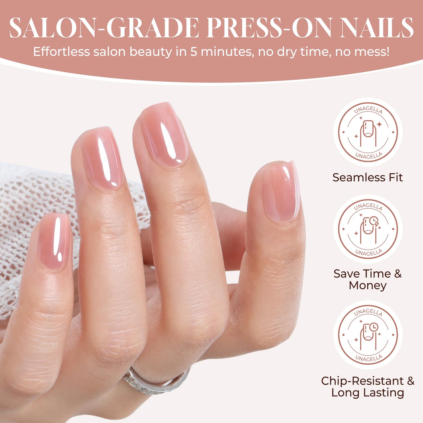 UNA GELLA Chrome Nude Press On Nails: Short Square Soft Gel Press Ons Kit with Nail Tips Glue on Nails, 16 Sizes - 32 Reusable Chrome Holographic Fake Nails Kit, Nude Pink