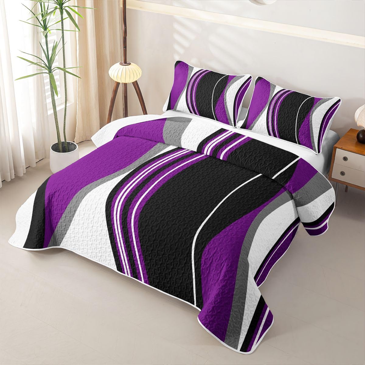 Erosebridal Purple Black Abstract Quilt Twin Grey Modern Striped Quilt Set Geometric Stripes Lines Coverlet with 1 Pillowcase Contemporary Art Boho Quilted Bedspread