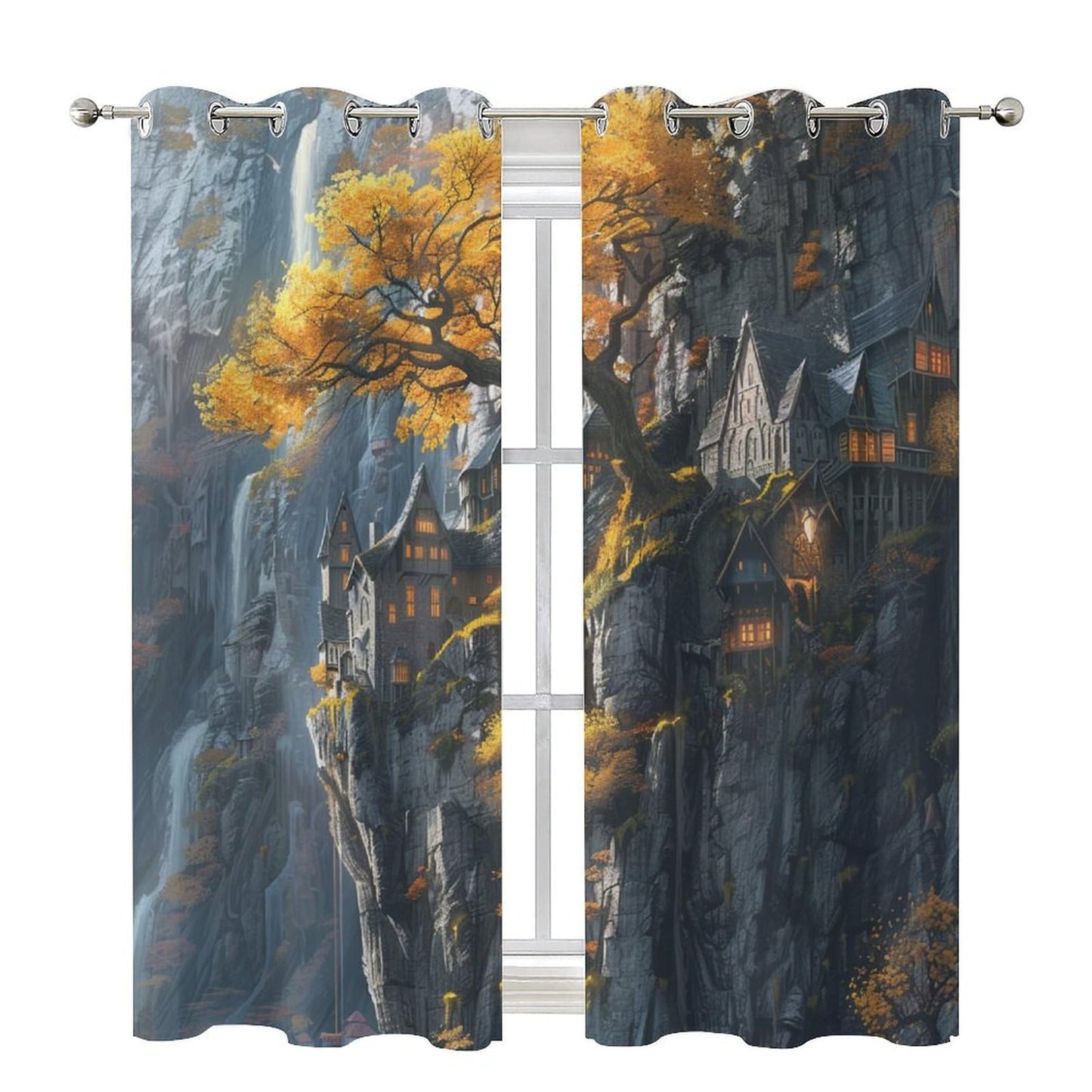 TOWINSFB Autumn Tree Cabin Landscape Blackout Curtains for Bedroom/Living Room, Retro Rustic Forest Mountain Grommet Curtains Thermal Insulated Window Drapes, 2 Panels, Each 21W x 63L