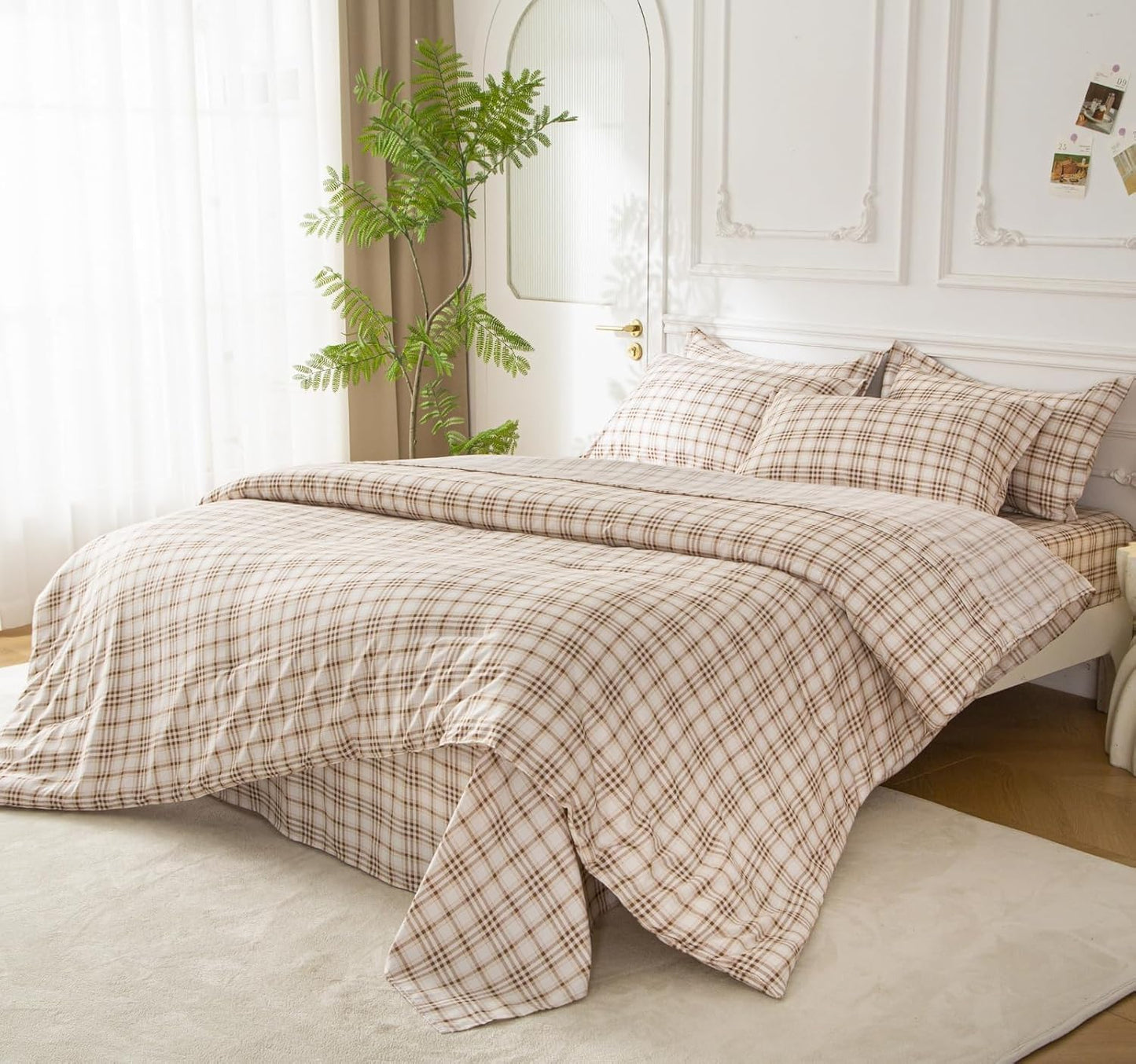 SDY Brown Plaid Twin Size Comforter Set, Luxury Soft Bed in a Bag Twin 7 Pieces, All Season Bedding Set with Comforters, Sheets, Pillowcase & Sham