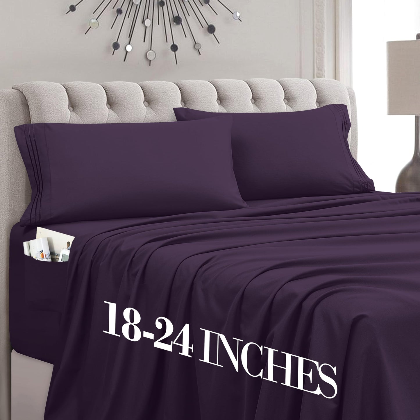 Mocassi Full Size 4-Piece Bed Sheet Set - 1800 Premium Hotel Quality Microfiber 18-24 Inches Extra Deep Pocket Fitted Sheet- Luxury Soft, Breathable, Wrinkle, and Fade Resistant, Purple