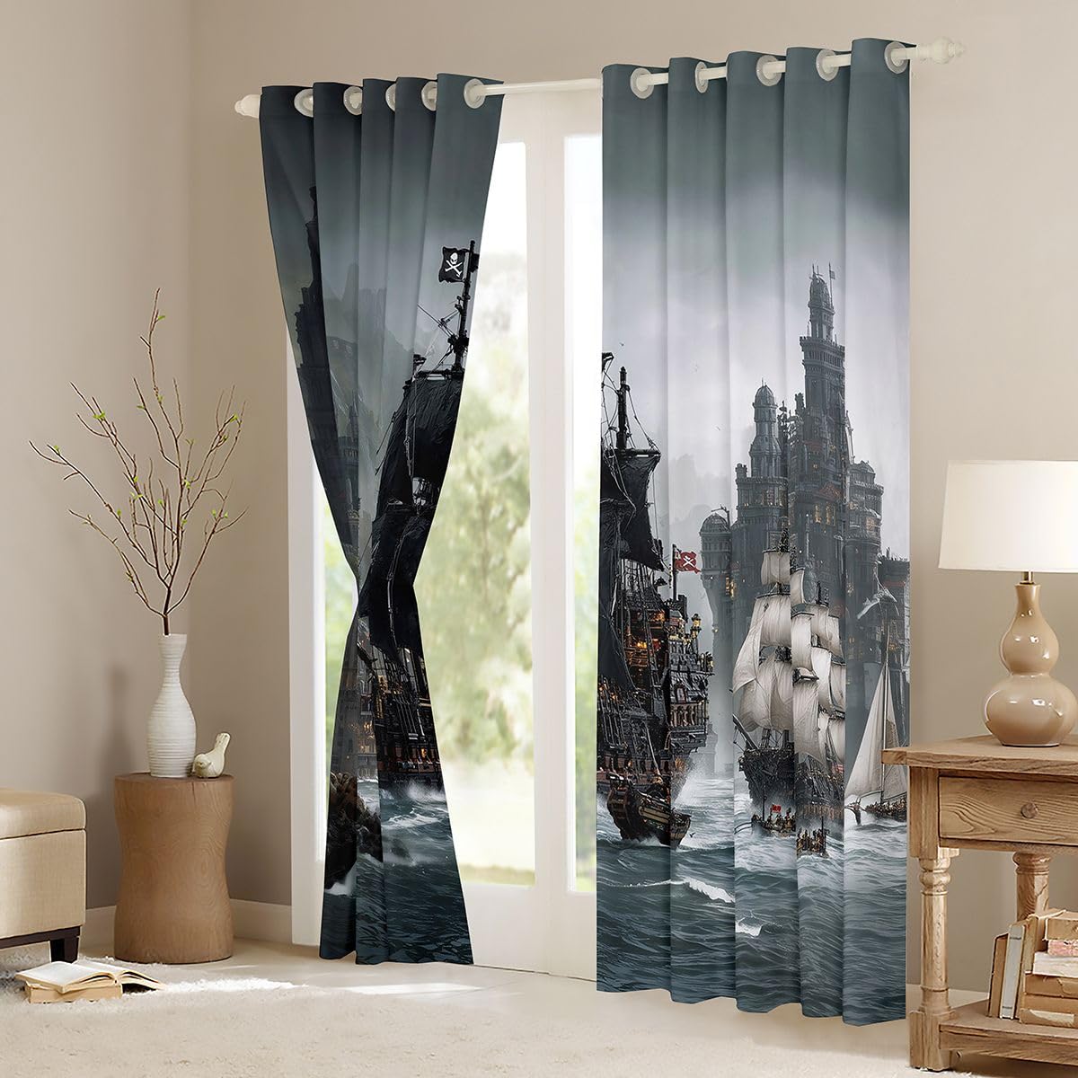 Erosebridal Nautical Blackout Curtains Retro Sailboat Sailing Window Curtains 42" Wx63 L Teen Kids Men Fantasy Ocean Advanture Window Treatments Drapes for Bedroom Coastal Ship 2 Panels Decor