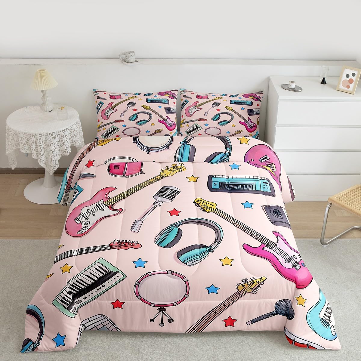 Erosebridal Rock Music Bedding Set Queen Musical Instruments Comforter Set for Kids Boys Girls Microphone Headphones Keyboard Down Comforter,Music Lovers Quilt Duvet