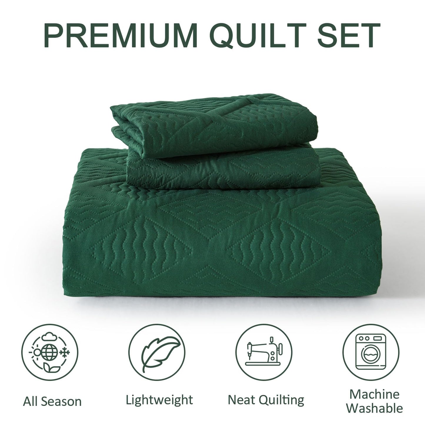 Yiran Quilts Queen Size, Emerald Green Spring Summer Bedspread Bedding Set, 3 Pieces Diamond Pattern Lightweight Microfiber Coverlet with 2 Pillow Shams for All Season 96x90 Inch