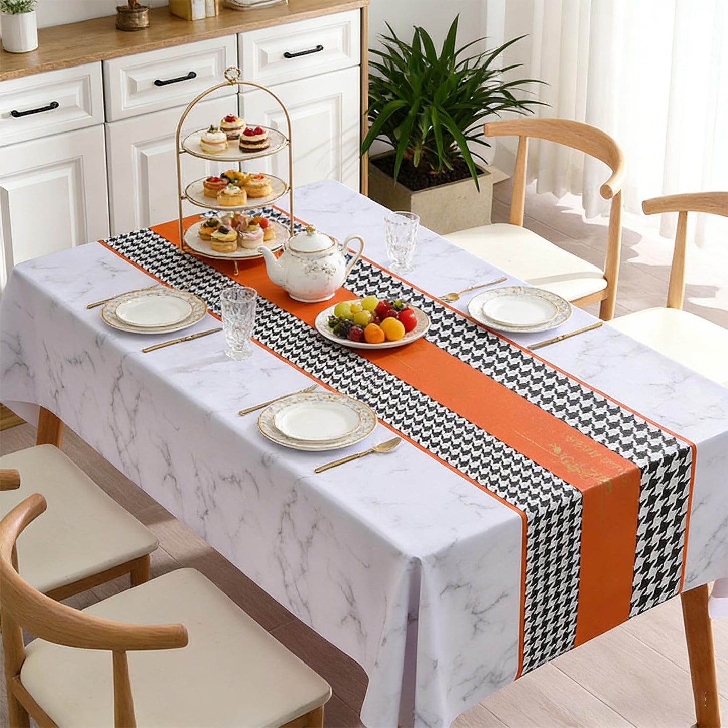 Qvthpv 55"x70" Rectangular PVC Tablecloth, Waterproof Oilproof Heatproof Kitchen Table Cover, Wipeable Stain Resistant Everyday Dining Table Cloth for Holidays Parties Camping (Marble Orange)