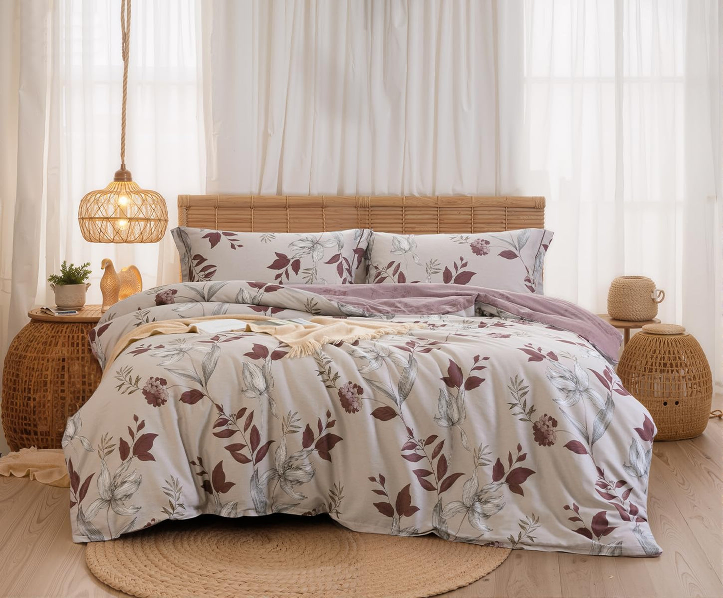 SLEEPBELLA Comforter Queen Size, 600 Thread Count Cotton Burgundy Botanical with Grey Floral Pattern Pink Reversible Comforter Set,Down Alternative Bedding Set 3Pcs(Queen, Burgundy Botanical)