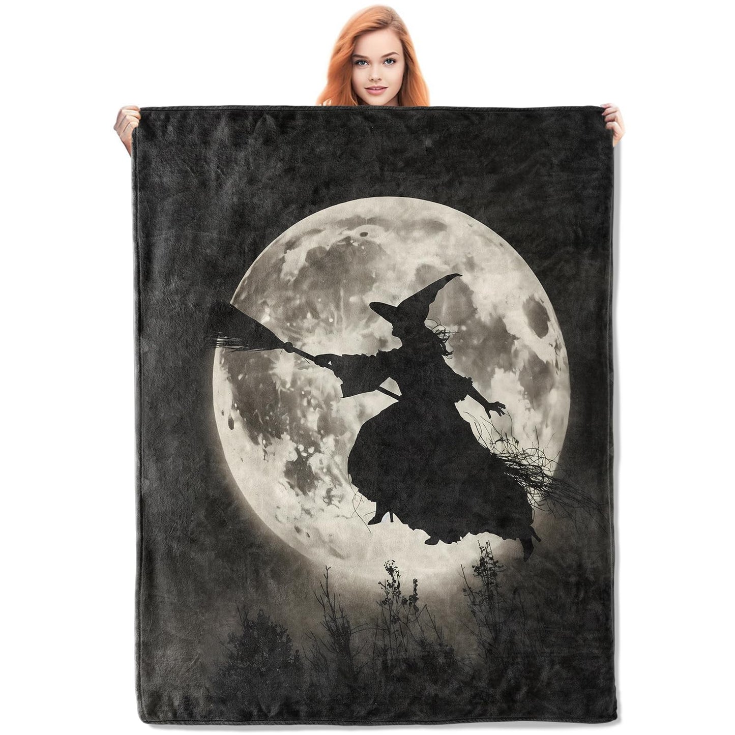 VANZEV Midnight Witch Flight Fleece Blanket Gifts, Silhouette Against Full Moon Design, Soft Throw 50x60 inches, Haunting Halloween Decor - Black and Gray