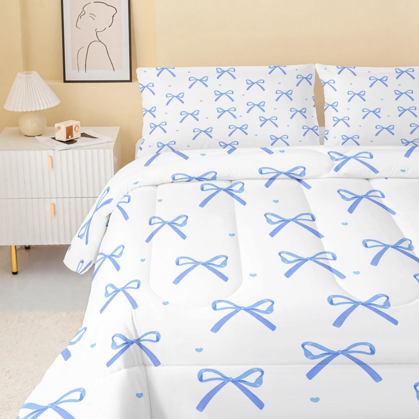 QOOMO 3Pcs Bow Comforter Set Twin,Bowknot Bedding Set for Teens Boys Girls,1 Comforter with 2 Pillowcases,Down Alternative,Soft and Lightweight