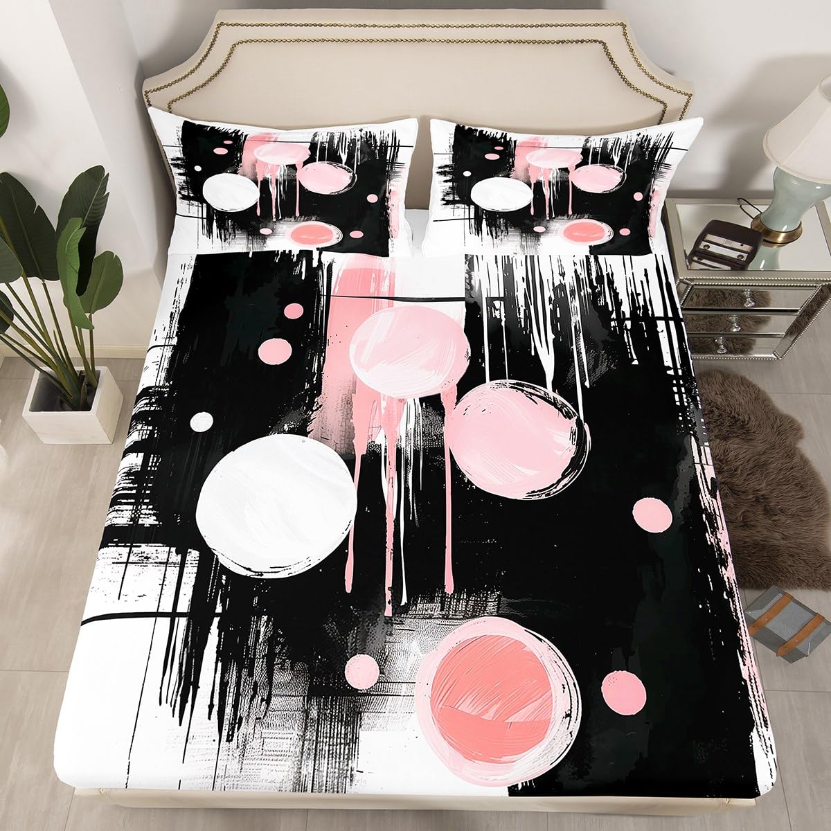 jejeloiu Retro Circle Fitted Sheet with 1 Pillowcase Twin Size Black and Pink Abstract Bed Sheets Set 16" Deep Pocket Boys Girls Bedding Teens Bedroom Decor Breathable Soft