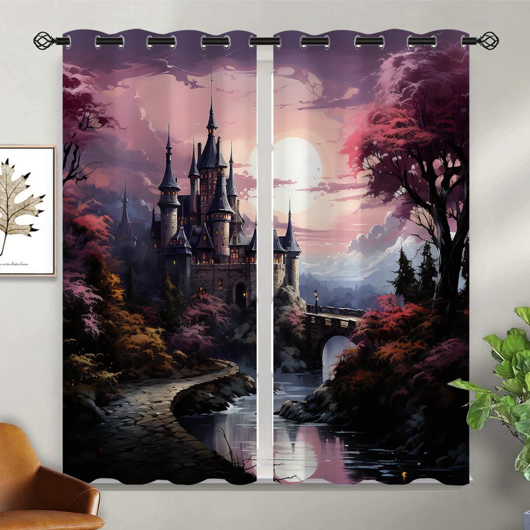 ONINUO Castle Blackout Curtains for Girls Boy Home Decor, Mystical Fantasy Forest Fairy Tale Woods Grommet Thermal Insulated Drapes Darkening Window Curtain for Bedroom Living Room, 42 x 45 Inch