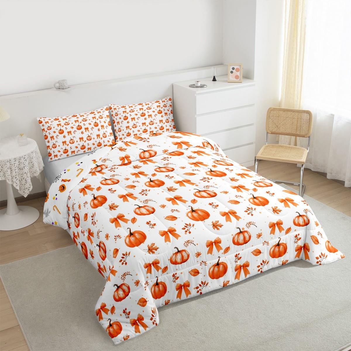 Erosebridal Thanksgiving Pumpkin Comforter Set Fall Decorations Bow Full Size Bedding Sets | Autumn Harvest Theme Comforter Maple Leaf Fall Leaves Bowknot Bed Set