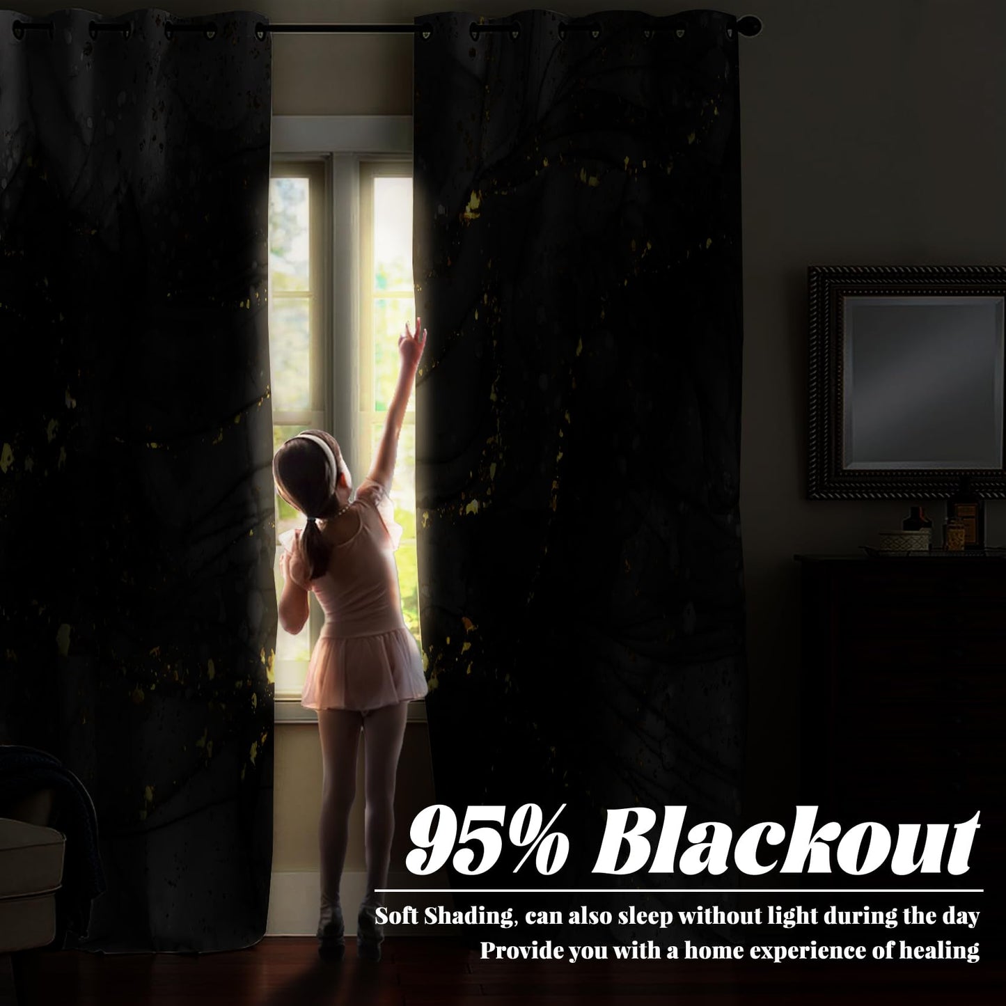 Renaiss Black & Gold Marble Blackout Curtains, Modern Art Gray Ombre Luxury Golden Decorative Window Curtains, Aesthetic Grommet Window Drapes for Bedroom Living Room Set of 2 Panels 42Wx63L inches