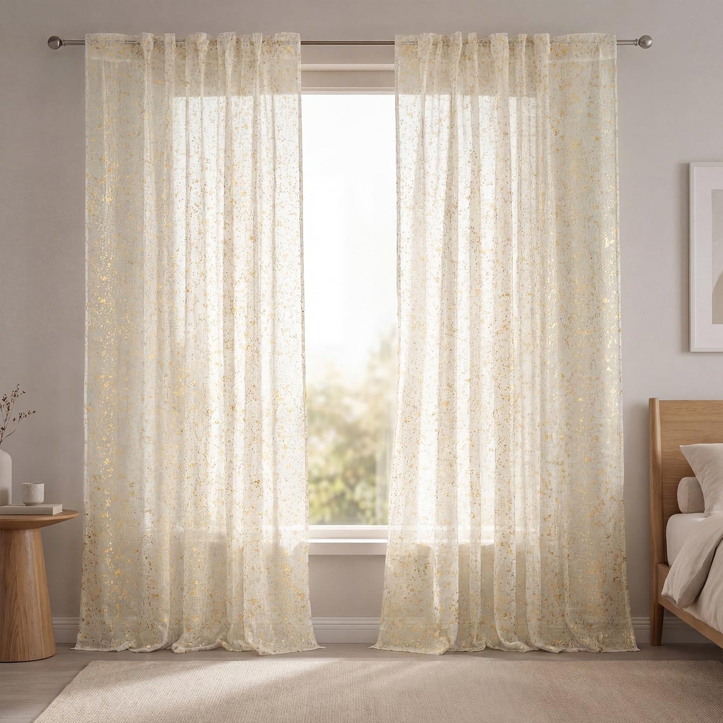 Horaldaily Beige Sheer Curtains for Living Room and Bedroom,Gold Sequin Glitter Metallic Foil, Scenery Light Filtering Window Curtains, 52" W x 84" L, Set of 2 Curtain Panels