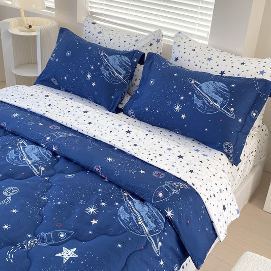 Gusuhome 7 Piece Boys Space Comforter Set Twin Size Bed in A Bag Star Rocket Galaxy Universe Planets Bedding Set for Kids Teens Girls Microfiber Blue Quilt All Season