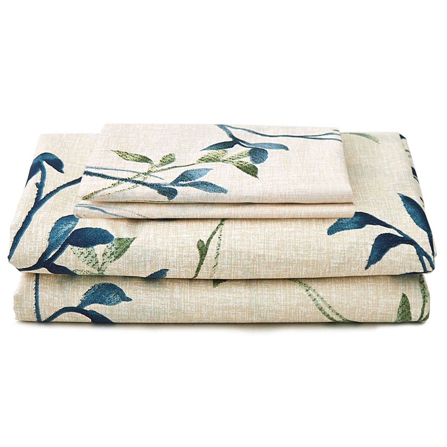 JSD Beige Leaves Printed Sheet Set King Size, 4 Piece Botanical Pattern Microfiber Sheets Extra Deep Pocket