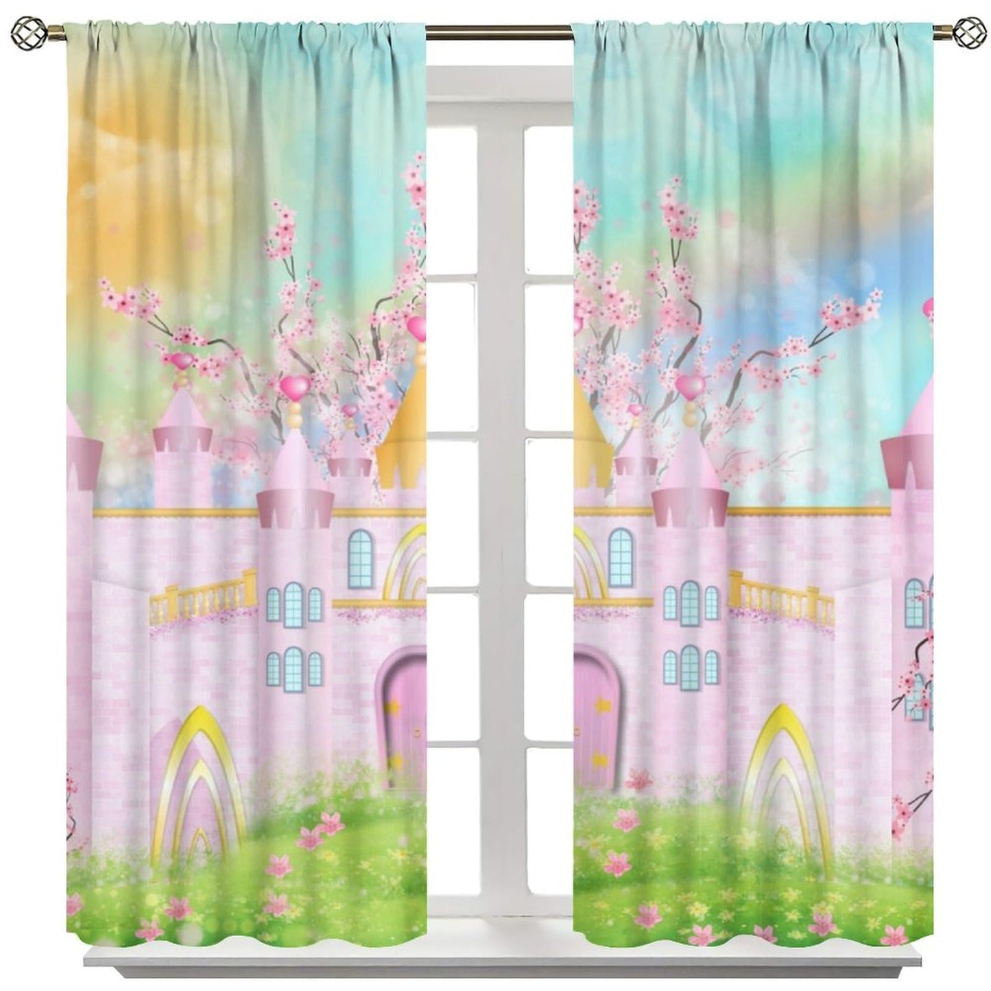 Pink Castle Curtains For Kids bedroom Cartoon Rainbow Pink Castle Pattern Rod Pocket Window Treatments For Girls Children Bedroom Nursery Living Room 2 Panels Set 41x 45 in （No Blackout）