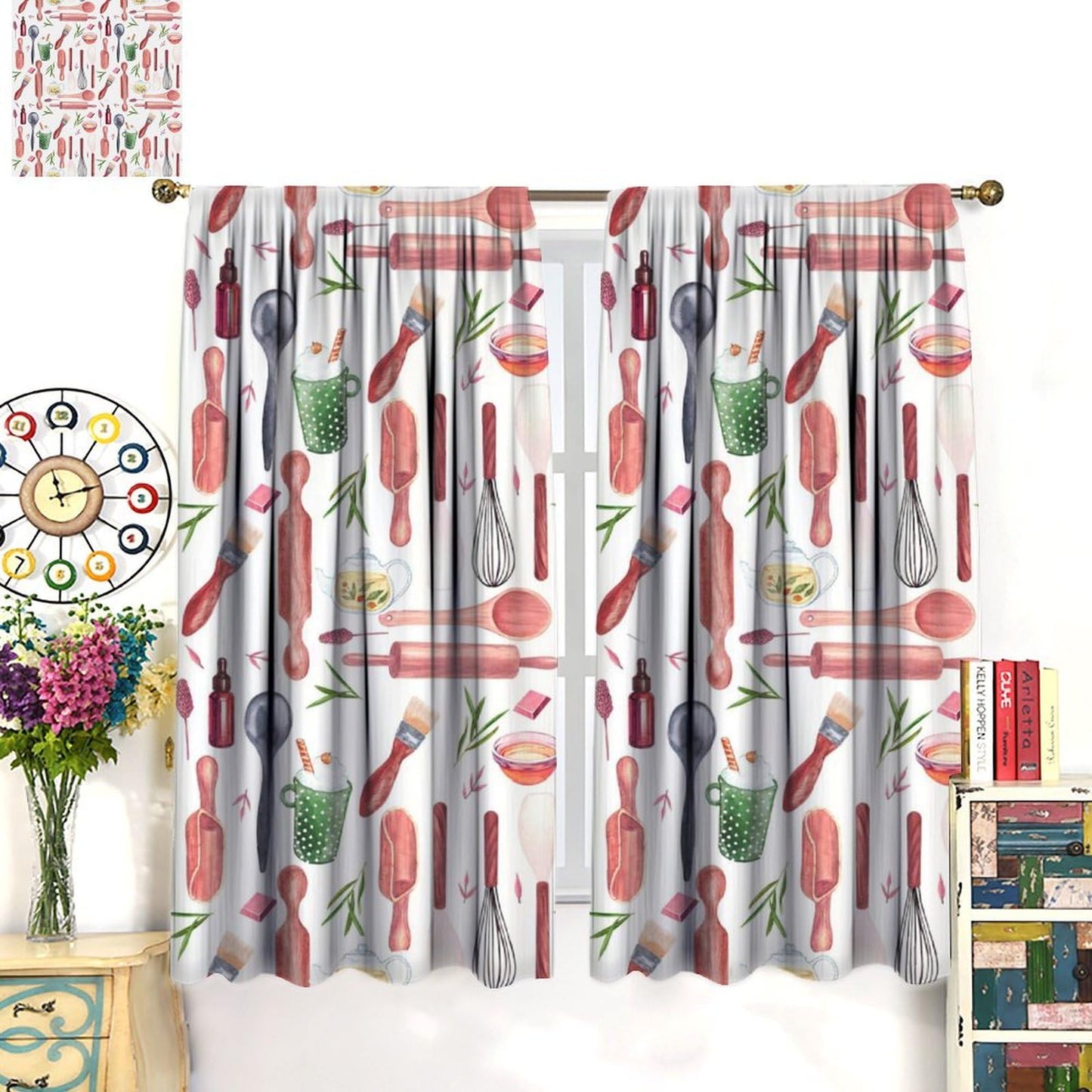 Brebasf Rustic Kitchen Chef Curtains - Abstract Modern Art Cooking Theme Kitchenware Print Window Treatment Room Darkening Blackout Curtains Thermal Insulated Rod Pocket Curtains 2 Panels 45"L x 21"W