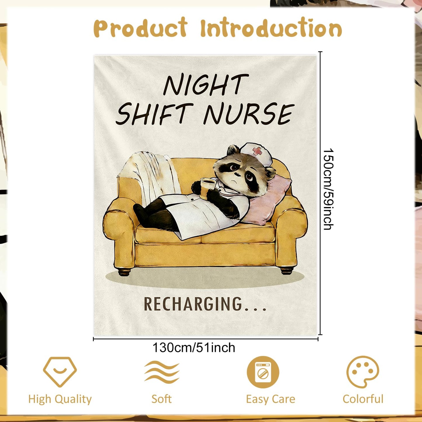 Wxiben Nurse Appreciation Gifts for Women - Nurse Raccoon Soft Flannel Throw Blanket Nurses Week Day Gift for Her Nursing Student Graduation Birthday Gifts for LPN RN Nurses Practitioner 60 x 50 Inch