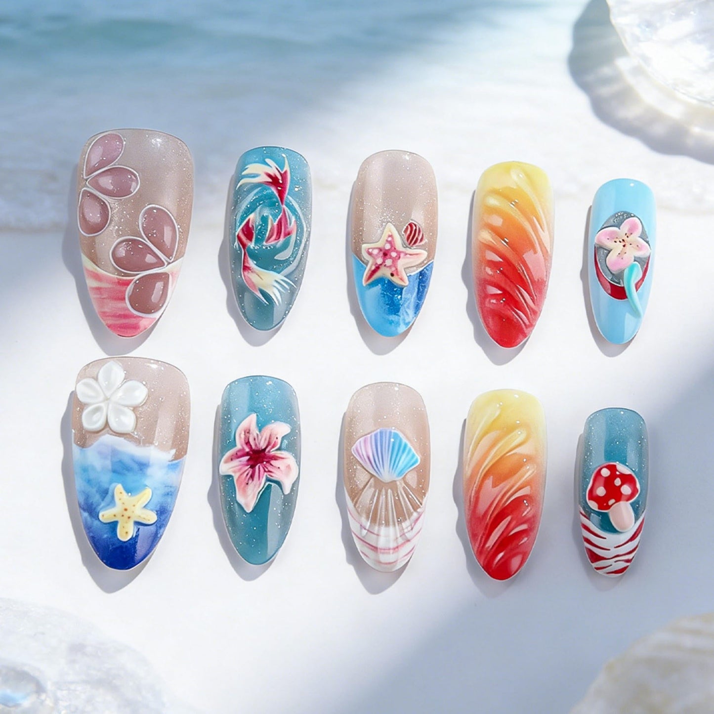 octoswave Long Almond Press on Nails 3D Summer Beach Fake Nails Ocean Wave Starfish Shell False Nails for Women Vacation Party Manicure 30Pcs