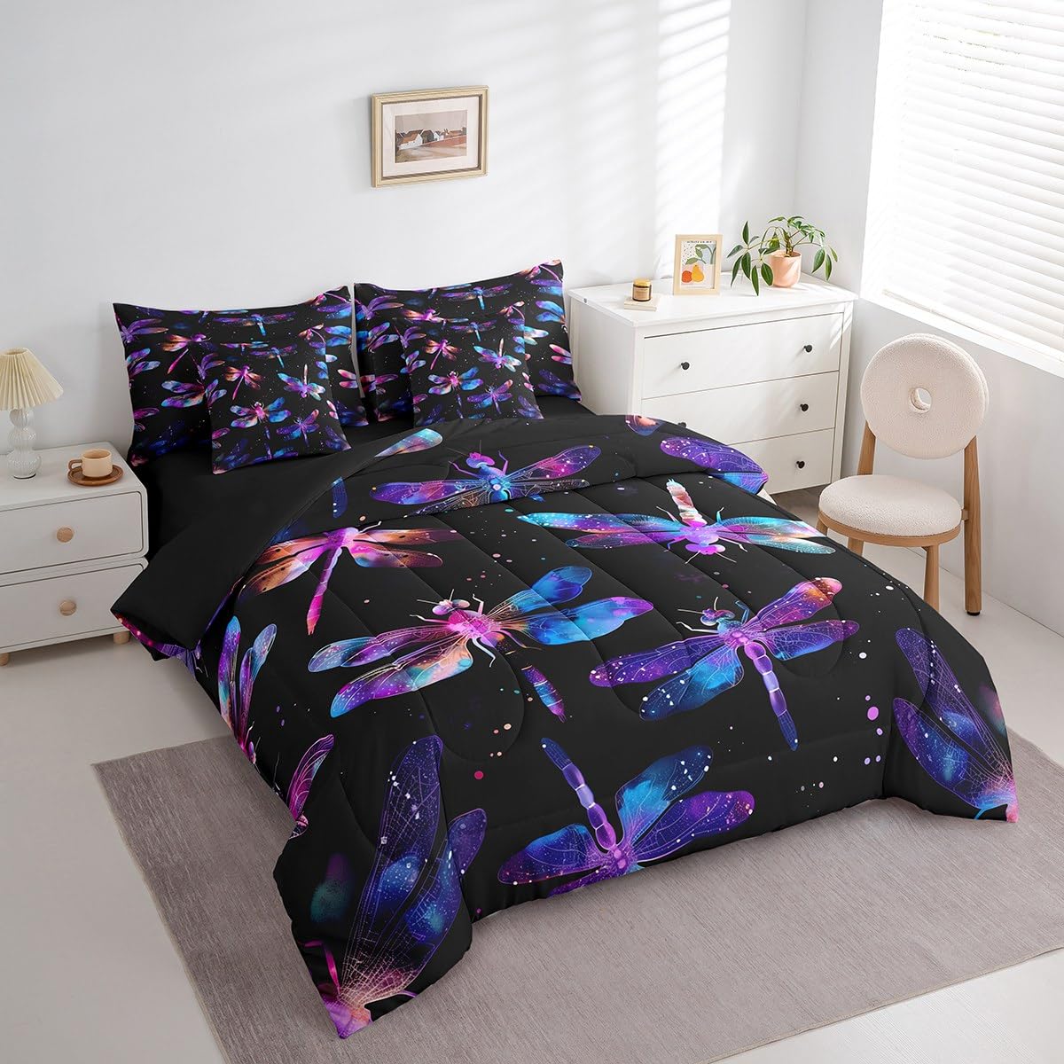 Erosebridal Gradient Dragonfly Comforter Set Queen,Gradient Aesthetic Animal Bedding Set 7Pcs for Girl Lady Women,Boho Dragonflies Quilt,Glitter Starry Sky Stars Bed in a Bag