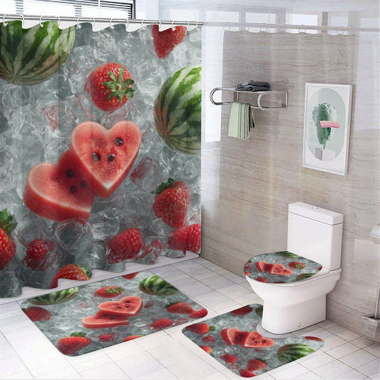 INSFBRB Modern Rustic Watermelon Shower Curtain Set,Colorful Realistic Summer Ice Cubes Fruit Watermelon Strawberries 4 Pcs Bathroom Decor Accessories with 12 Hooks