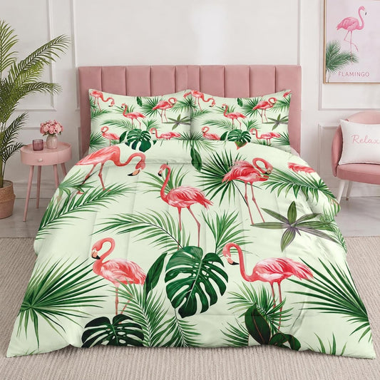 Pamnest Comforter Set Queen Size, Palm Leaf Leaves Floral Soft 3 Pcs Bedding for Kids and Adults, Pink Flamingo Flower Comforter Set with Pillowcase, for Bedroom Bed Decor