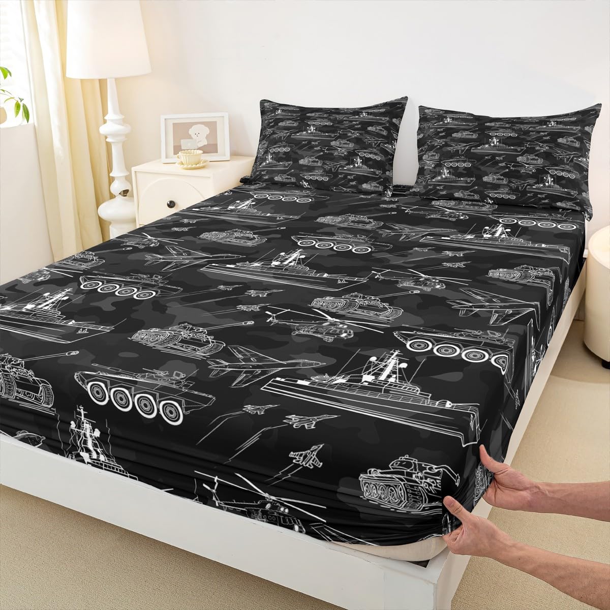 Manfei War Theme Fitted Sheet Full Size, Aircraft Tank Ship Bed Cover with 2 Pillowcases, Black Army Camouflage Bedding Set 3pcs for Kids Boys Teen Room Decor, Soft Polyester Bedding