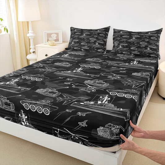 Manfei War Theme Fitted Sheet Full Size, Aircraft Tank Ship Bed Cover with 2 Pillowcases, Black Army Camouflage Bedding Set 3pcs for Kids Boys Teen Room Decor, Soft Polyester Bedding