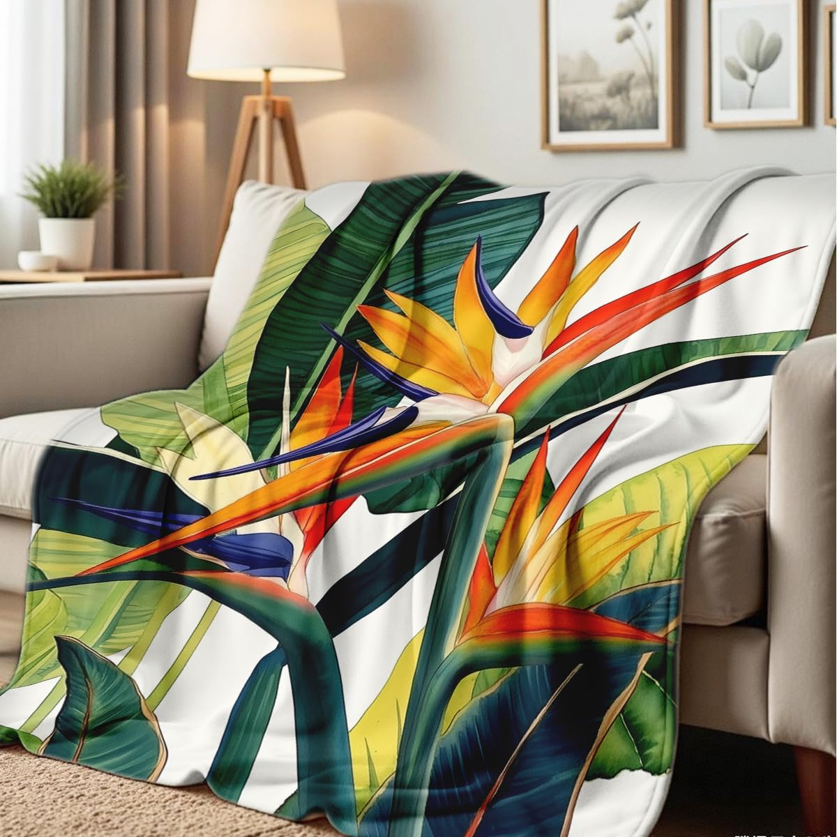 HUNXIAOJ Paradise Throw Blanket Birds Tropical Flowers Print Throw Floral Flannel Blanket for Sofa Bed Couch Office Home Decor Nature Botanical Lovers Gifts (59"x78")