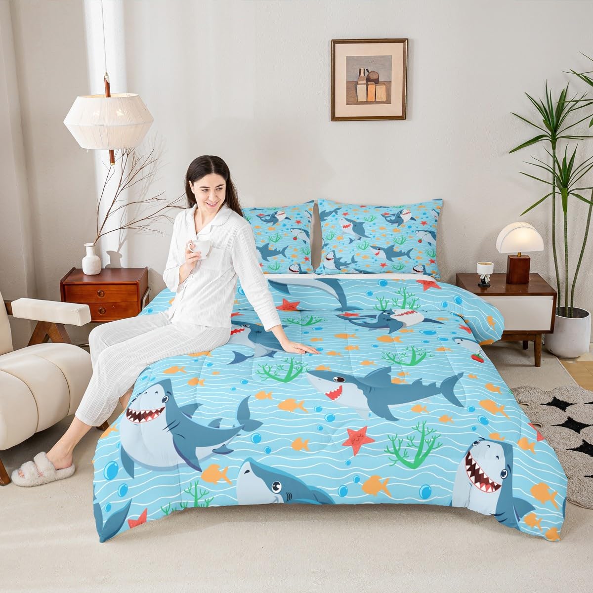 Cute Shark Comforter Set Twin Size,Fish Coral Bedding Set 2pcs for Kids Teens Boys Girls Room Decor,Mysterious Under Sea Animals Plants Themed Quilt Set Cartoon Blue Duvet Insert with 1 Pillowcase