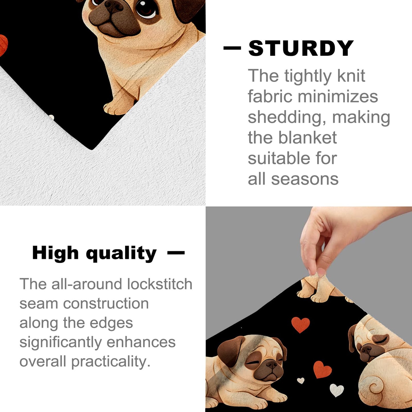 cromcu Cute Pug Blanket for Women Wife Girls, Adorable Dog Heart Flannel Blankets, Valentine Birthday Gifts, Black Soft Warm Cozy Throws for Sofa Couch Bed Living Room Bedroom Home Decor 60" x 50"