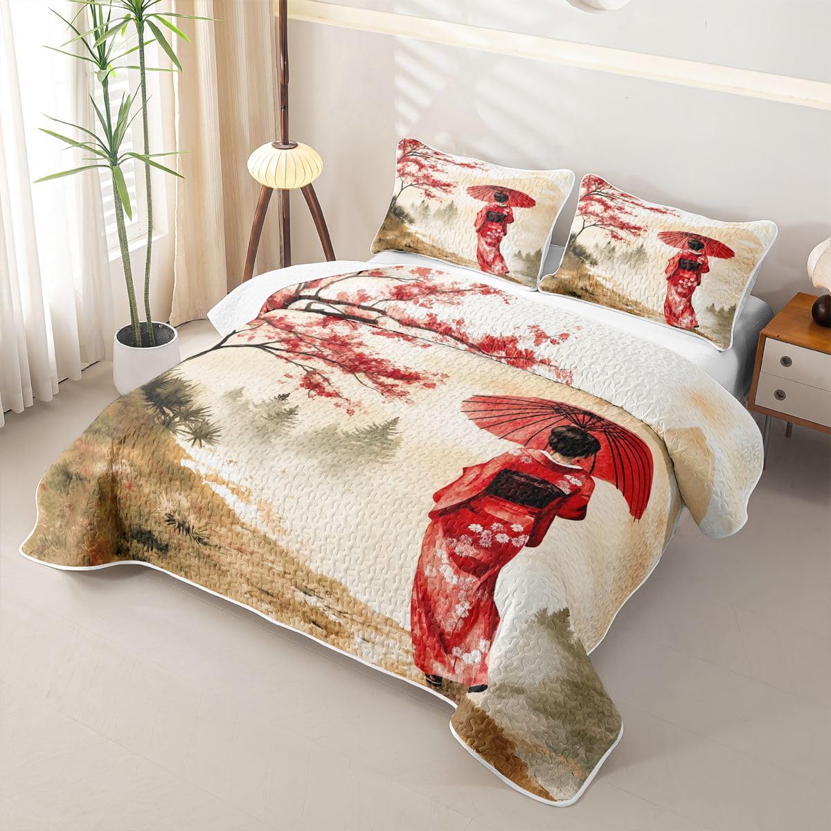 Erosebridal Geisha Quilts Twin Size - Japanese Geisha with Umbrella Bedspread Coverlet Set, Red Cherry Blossoms Quilt Coverlets 2Pcs (Only 1 Pillowcase)