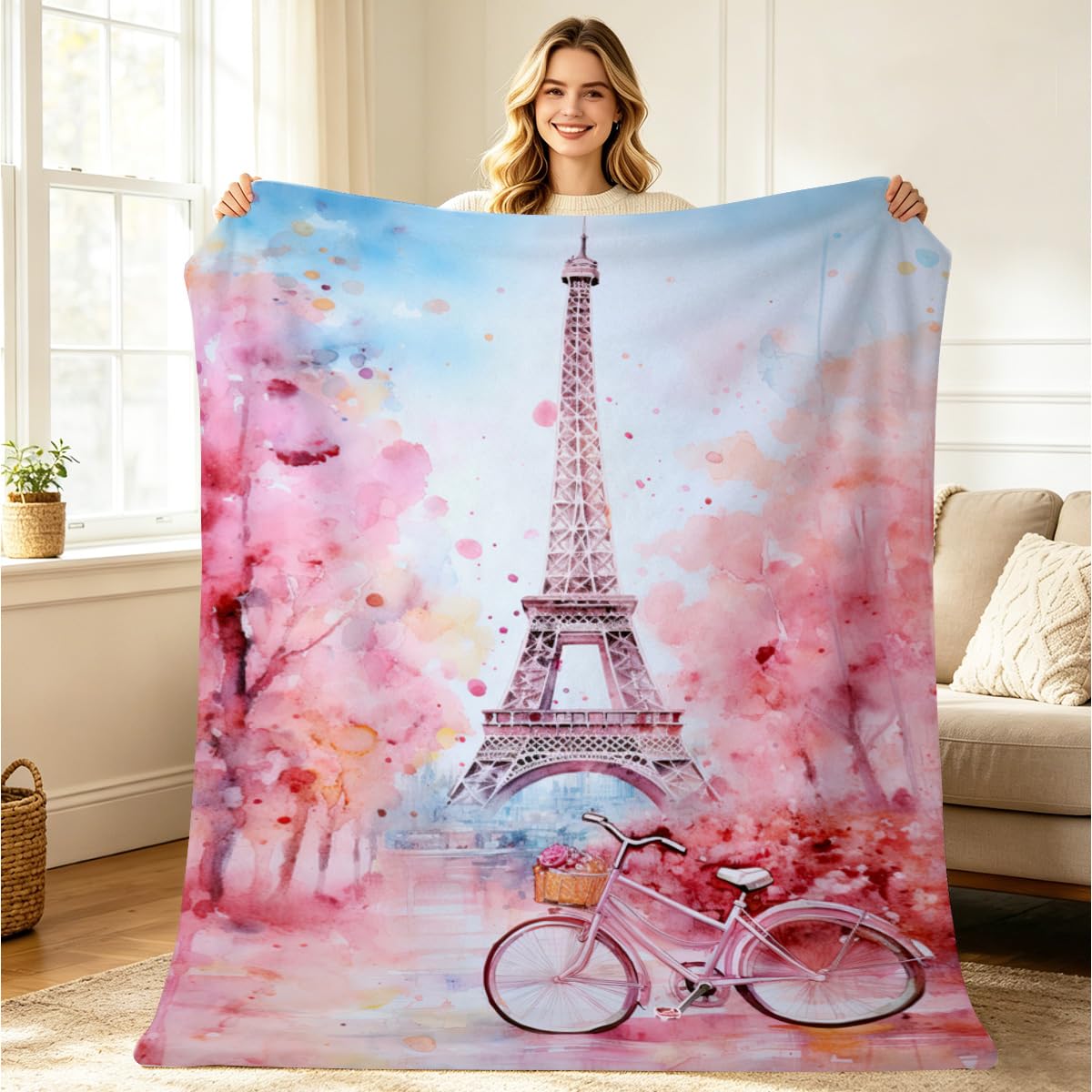 HUNXIAOJ Paris Eiffel Tower Blanket Pink Romantic Paris Decor Flannel Eiffel Tower Soft Throw for Bed Chair Car Sofa Couch Girls Bedroom Home Decor Gifts for Girls Women 49"x59"