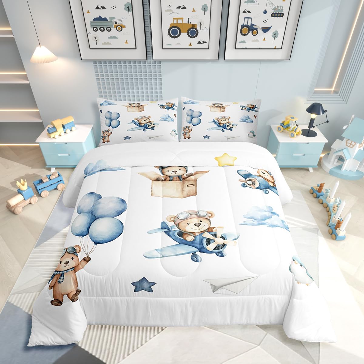Erosebridal Cartoon Aircraft Full Bedding Set, Cute Bear Airplane Propeller Plane Comforter Set for Kids Boys Girls Adults Bedroom, Lovely Bird Animals Comforter, Balloon Star Cloud Quilt
