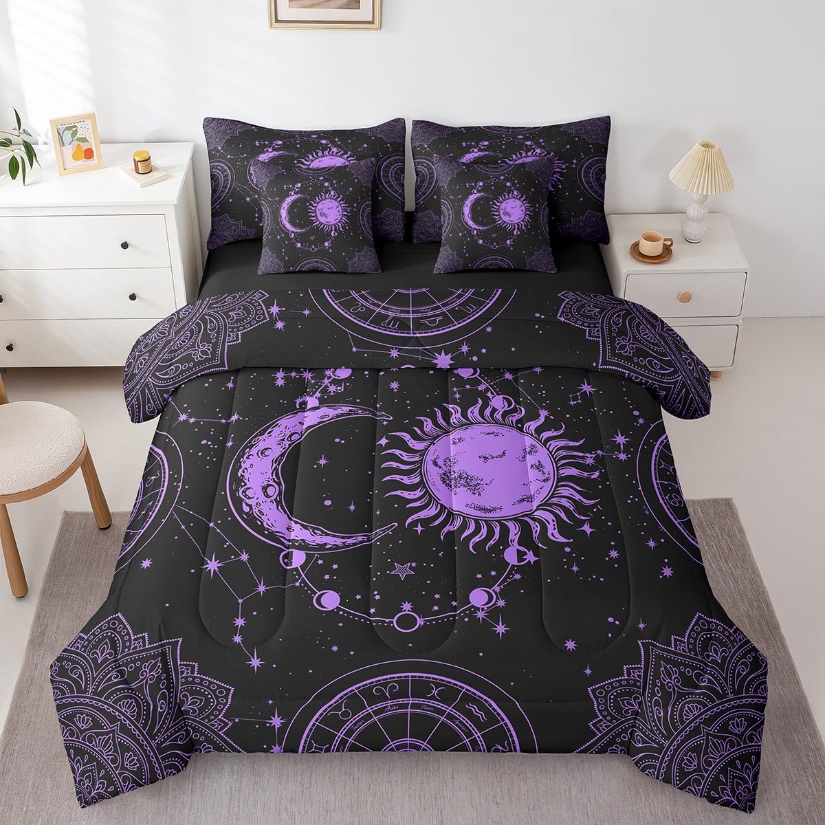 Feelyou Sun and Moon 7 Piece Bedding Set, Constellation Galaxy Comforter Set Cover for Kids Boys Girls Teens Psychedelic Boho Mandala Bedding Set Celestial Puprle Black Queen Size