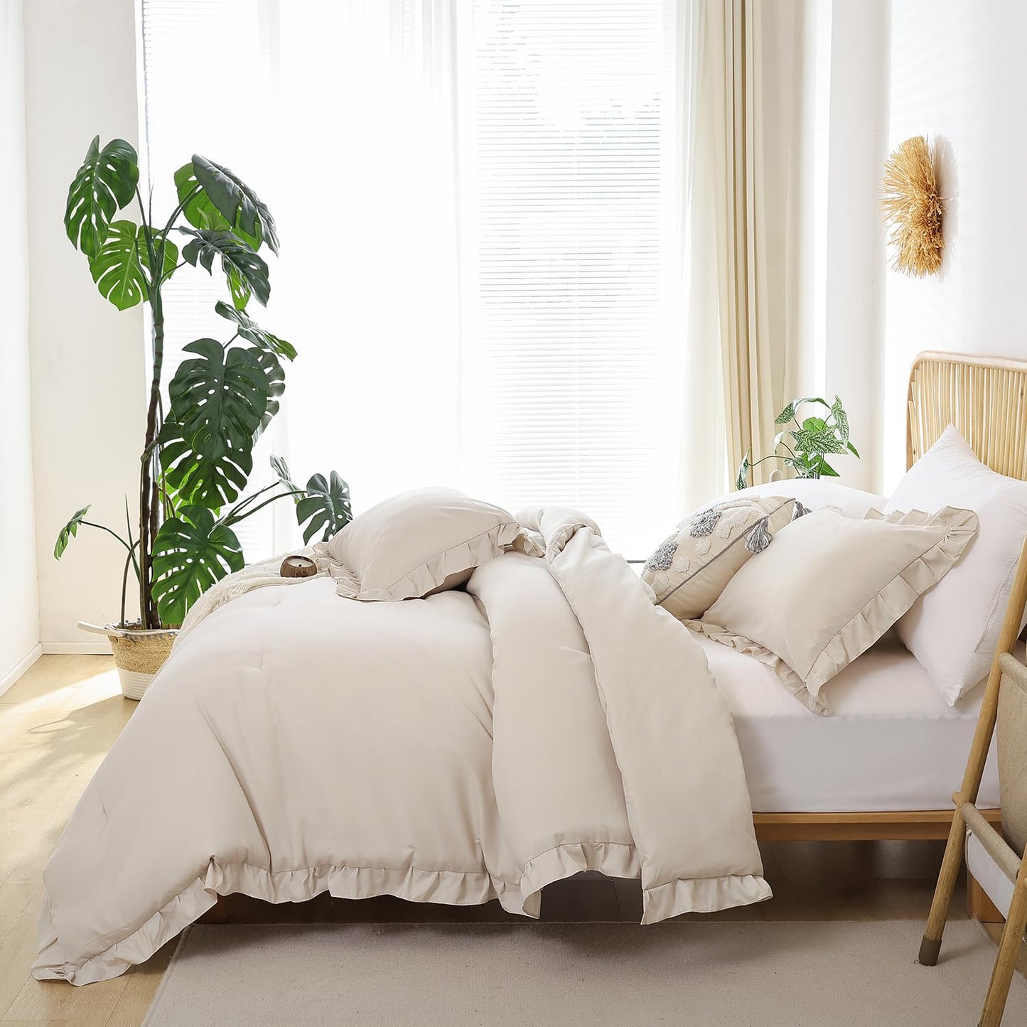 JANZAA Beige Comforter Set Queen – Soft Microfiber, Lightweight All Season Bedding, Ruffle Shabby Chic Aesthetic, Breathable Cozy Bed Set with 2 Pillow Shams, Machine Washable