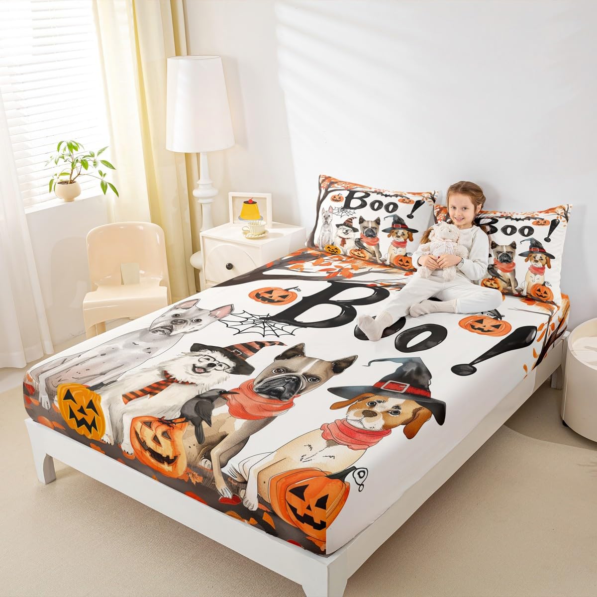 Feelyou Halloween Fitted Sheet Full Size for Kids Boys Girls Pumpkin Bed Sheets Set 16" Deep Pocket Soft Breathable Microfiber Maple Fall Leaves Bedding with 2 Pillowcases Spider Web Room Decor