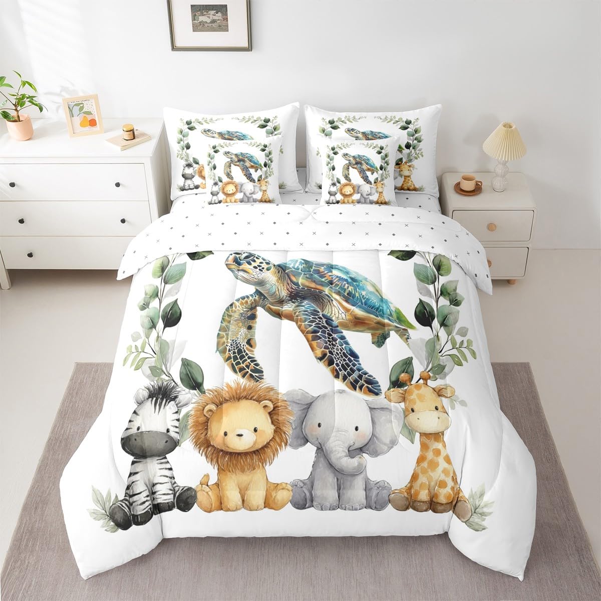 Erosebridal Cute Zoo Animal Twin Size Comforter Set with Sheets Kids | Tortoise Sea Turtle 7-Piece Bedding Set Botanical Eucalyptus Bed in a Bag Cartoon Zebra Lion Elephant Giraffe Bed Quilt Sets