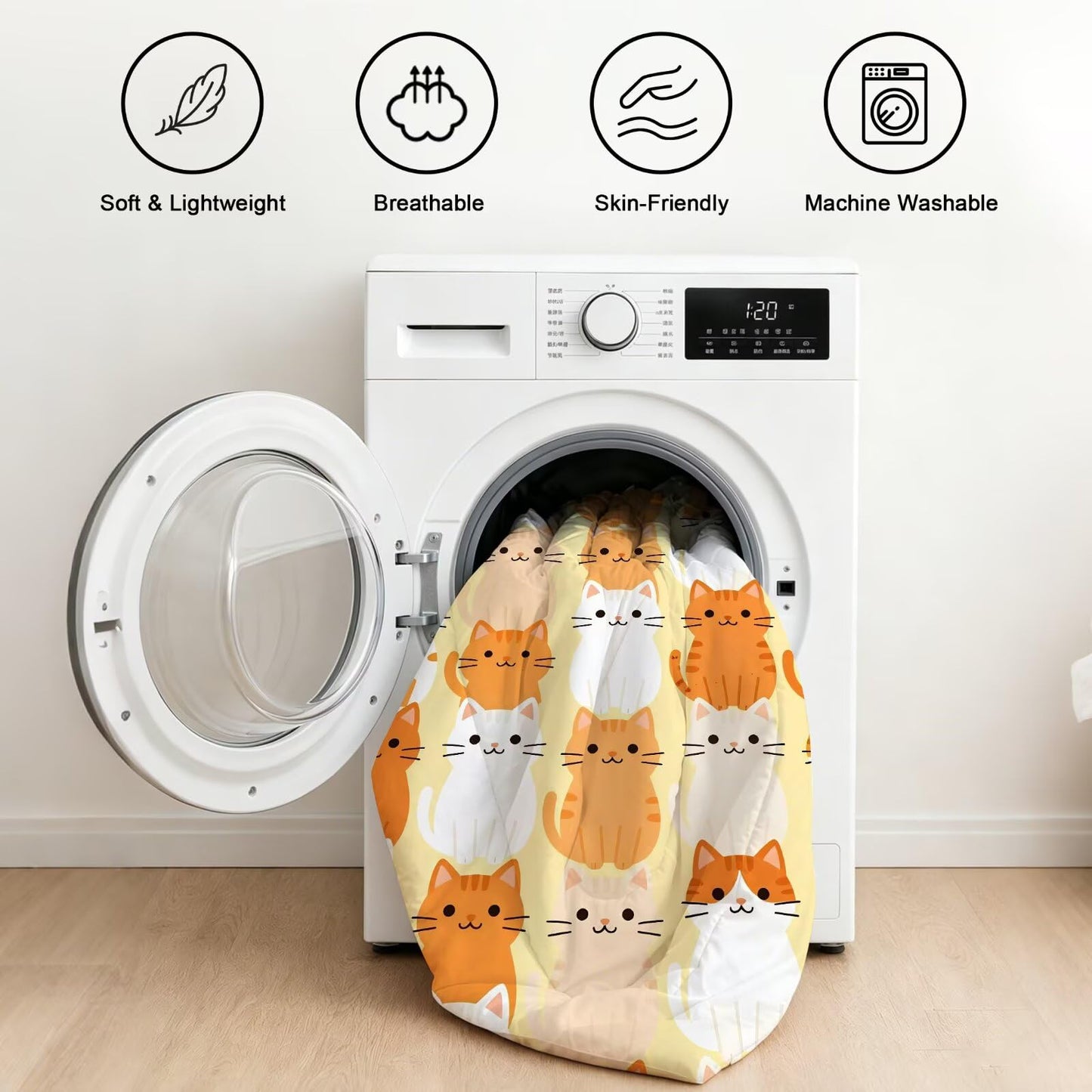 FUYEUN 7 Piece Cartoon Cute Cats Full Size Comforter Set for Girls Kids