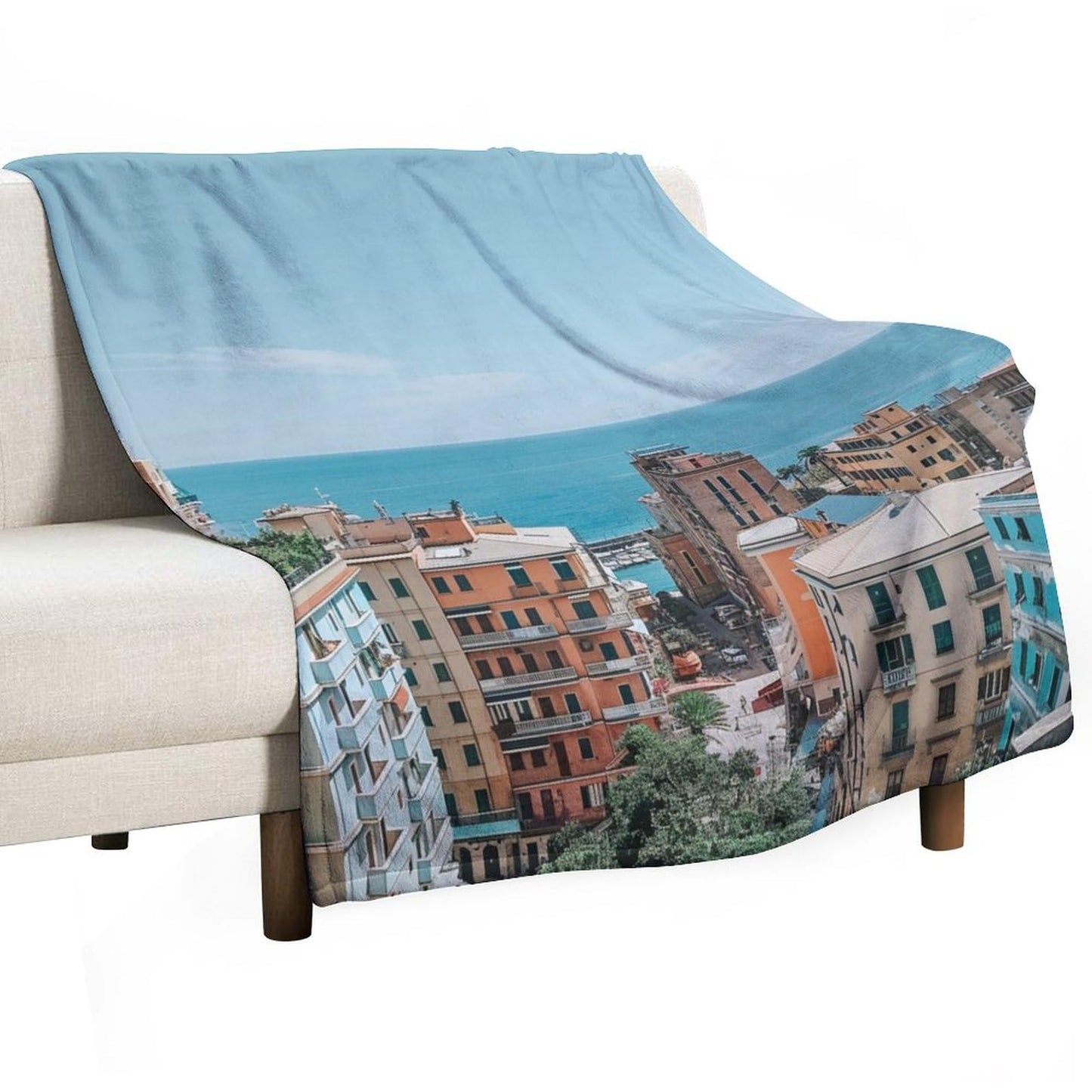 HDESDIS Coastal Cityscape Throw Blanket, Soft Cozy Warm Nautical Seaside Architecture Flannel Blankets for Sofa Couch Bed, 50x60 Inch