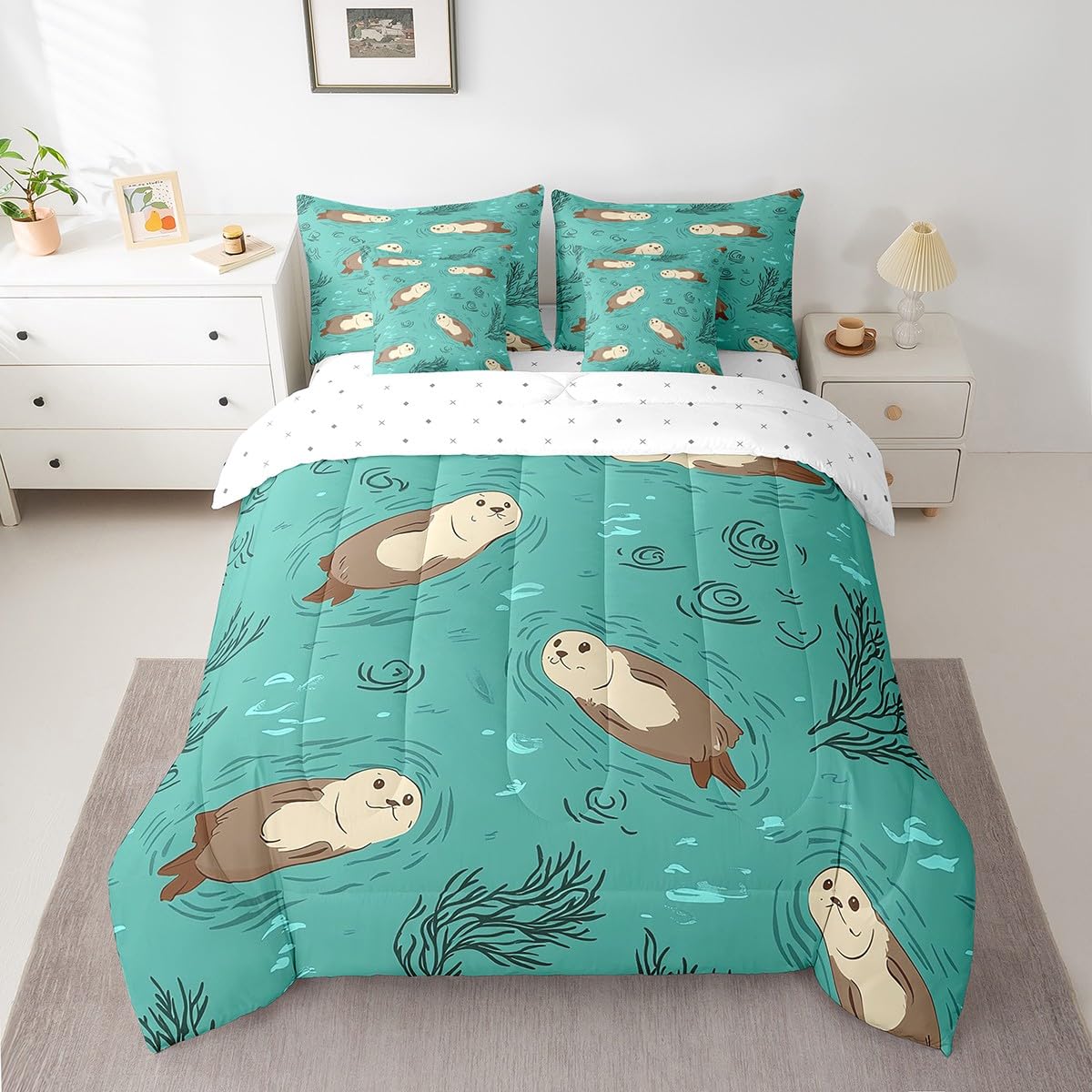 Erosebridal Otter Bedding Set for Kids Cute Ocean Animal Twin Comforter Set 7 Piece Cartoon Marine Life Bed in A Bag with Sheets for Boys Girls Blue Sea Aquatic Plants Bed Set