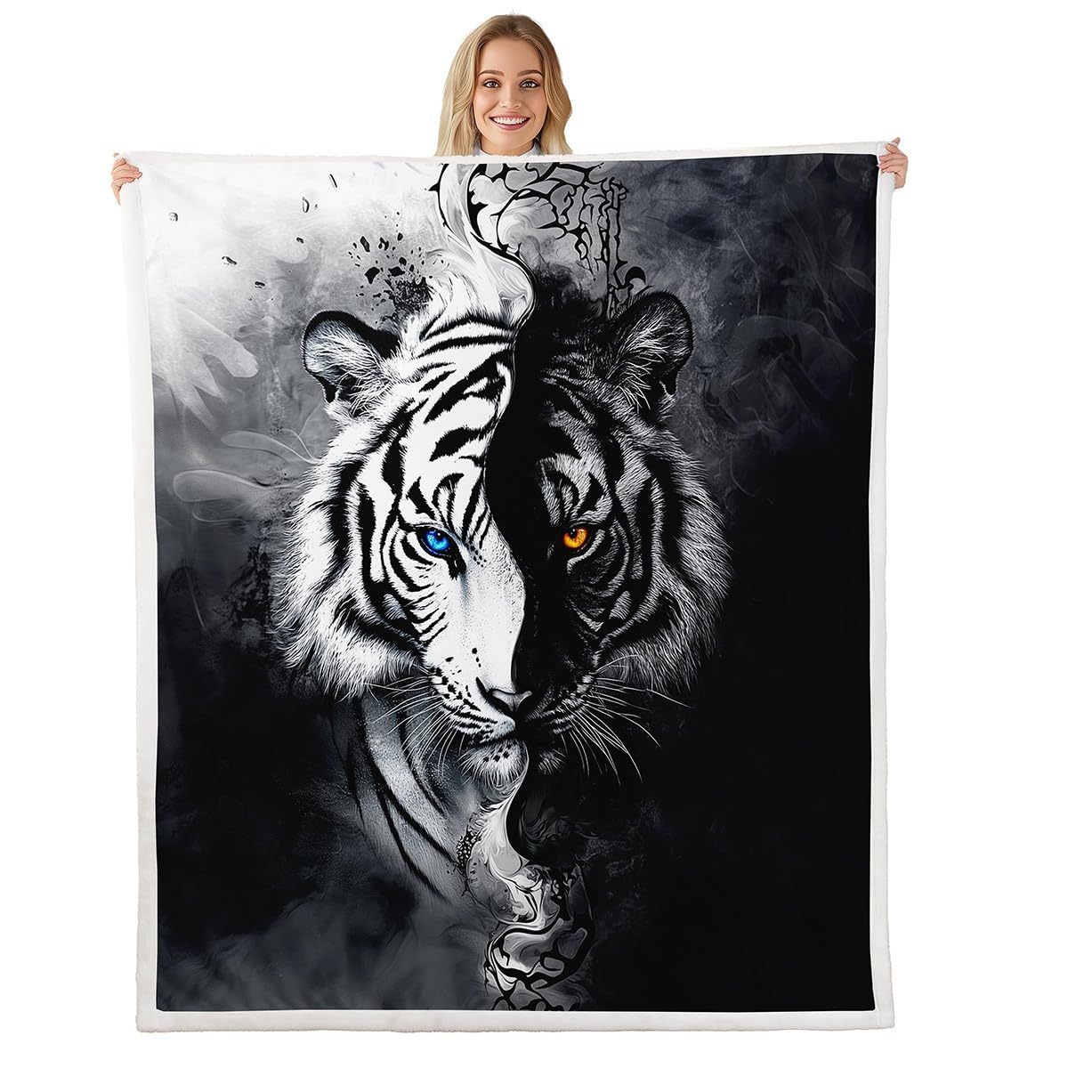 Erosebridal Tiger Fleece Blanket Twin Size African Safari Animal Sherpa Blanket Black and White Stripes Fuzzy Plush Throw 3D Wildlife Decor for Sofa Couch for Boys Adult Men Women