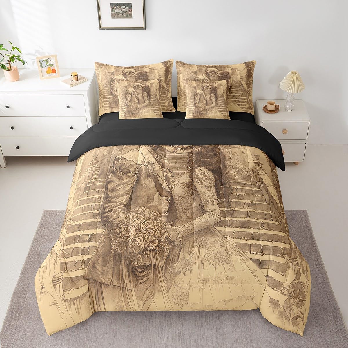 Erosebridal Sugar Skull Comforter Set King,Romantic Skeleton Couple Quilt,Trippy Skull Bones Bed in a Bag
