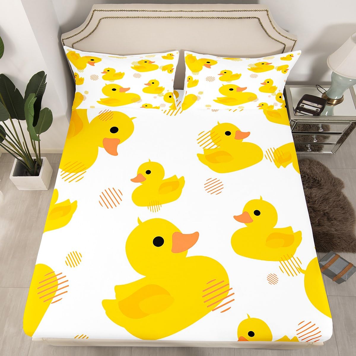 Erosebridal Cartoon Duck Sheets Set Kawaii Yellow Duck Bedding Set - Full Size Farmhouse Animal Fitted Sheet + Top Sheet + 2 Pillowcases