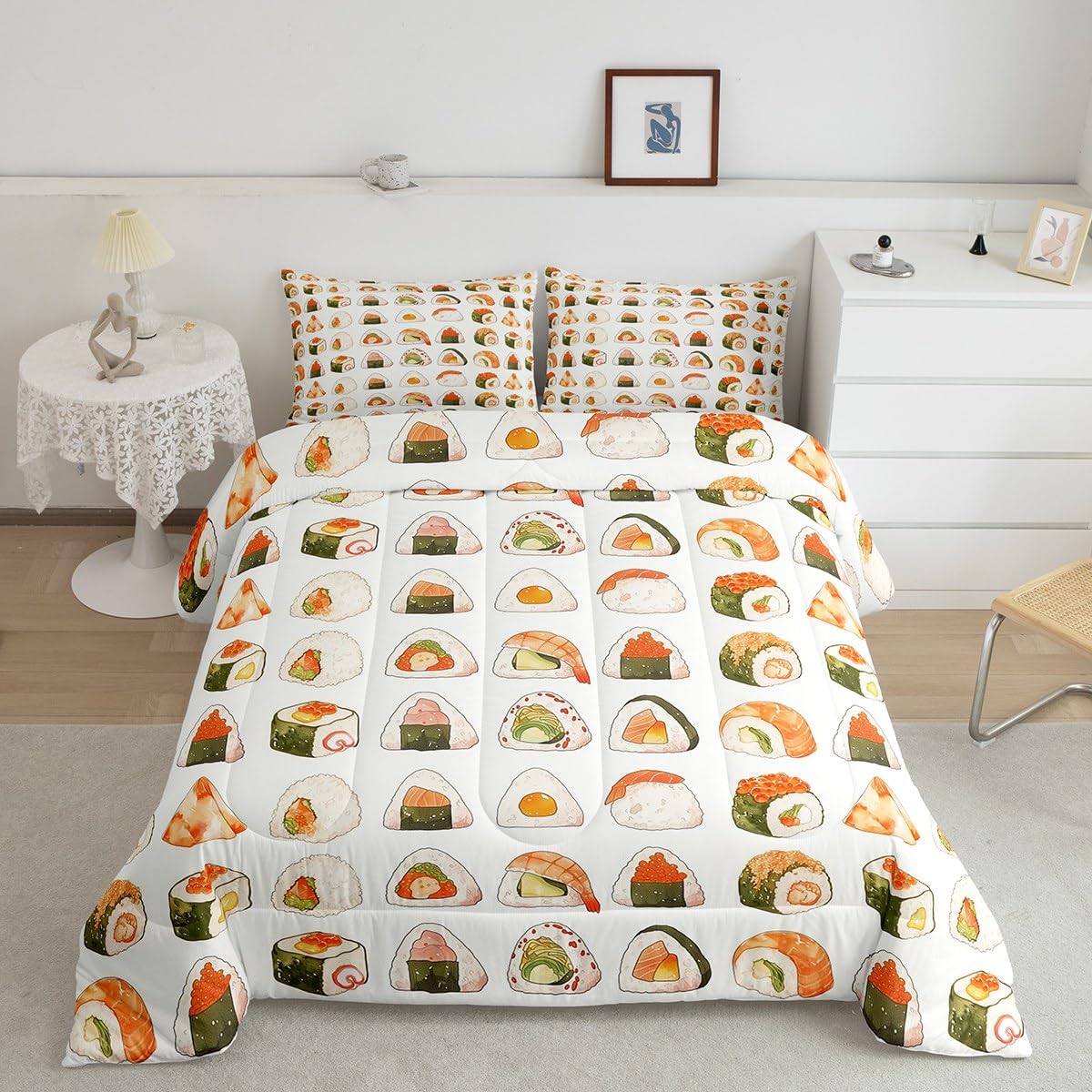 Erosebridal Cute Sushi Bedding Set Queen Size,Japanese Food Comforter Set Sushi Gifts for Kids Teens Men Women,Funny Food Quilt Bed Set Anime Style Bed Comforter Sets with 2 Pillowcases Room Decor