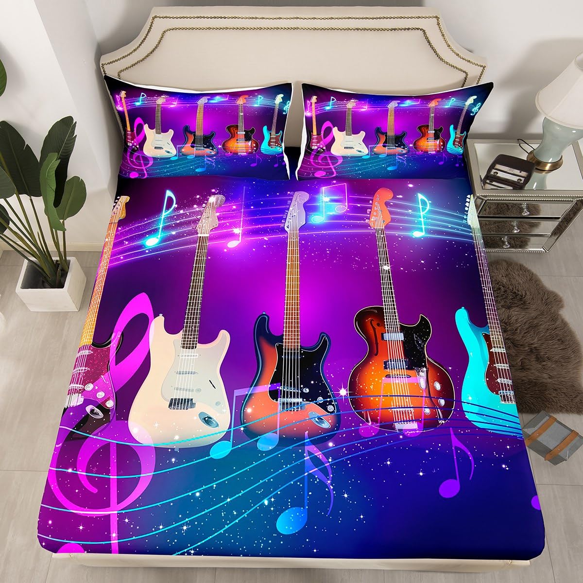 Erosebridal Guitar Bed Sheet Set King Size Colorful Mucical Notes Sheet Set with Deep Pocket for Kids Boys Girls Teens Rock Roll Music Bedding Set Glitter Hiphop Hippie Fitted Sheet Set 3 Pcs