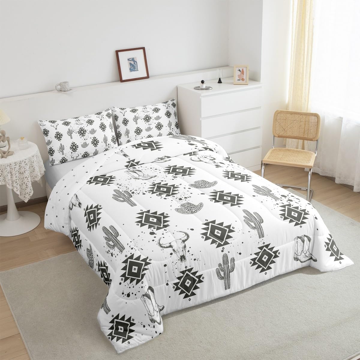 jejeloiu Boho Comforter Set Queen Size Western Decor Bedding Set for Kids Boys Girls Bull Skull Duvet Quilt Cactus Bedroom Decor Microfiber 3 Pcs with 2 Pillow Cases
