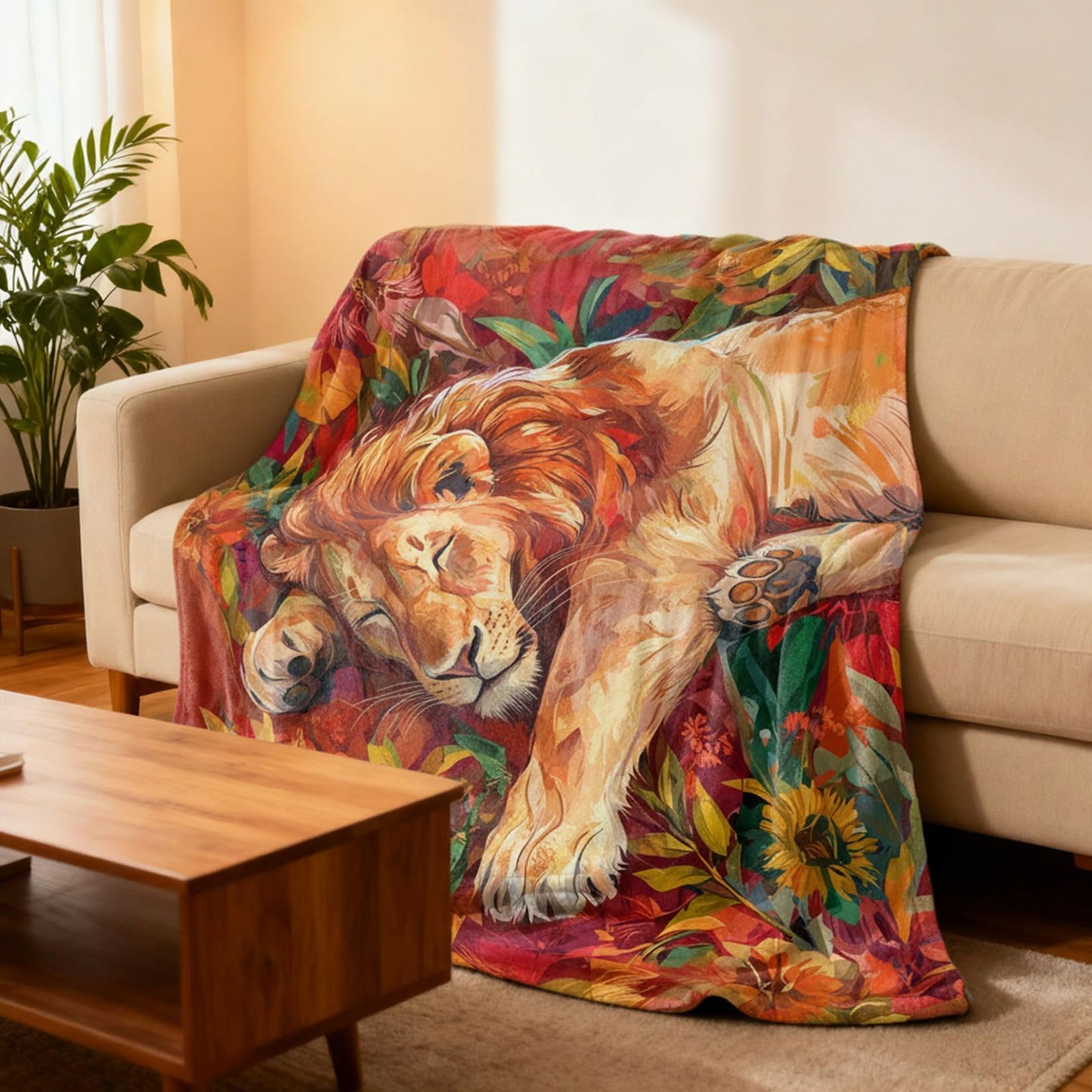 kampdream Lion Throw Blanket, Cozy Flannel Blanket with Sleeping Lion and Autumnal Foliage Design, Super Soft Nap Warm Blanket for Couch Sofa Chair Living Room Unique Gift Red 50×60 inch