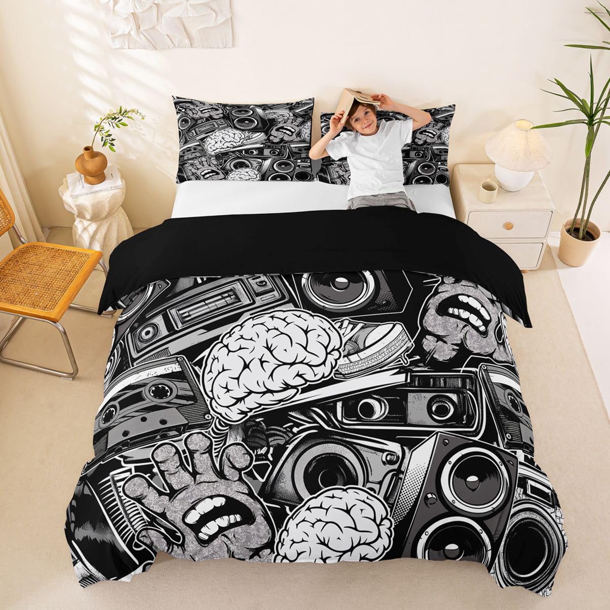 Feelyou Graffiti Bedding Set for Teens Boys King Rock Music Theme Duvet Cover Set Hip Hop Comforter Cover Set Kids Teenage Street Art Quilt Cover Hippie Room Decor Bedding with 2 Pillow Shams (3Pcs)