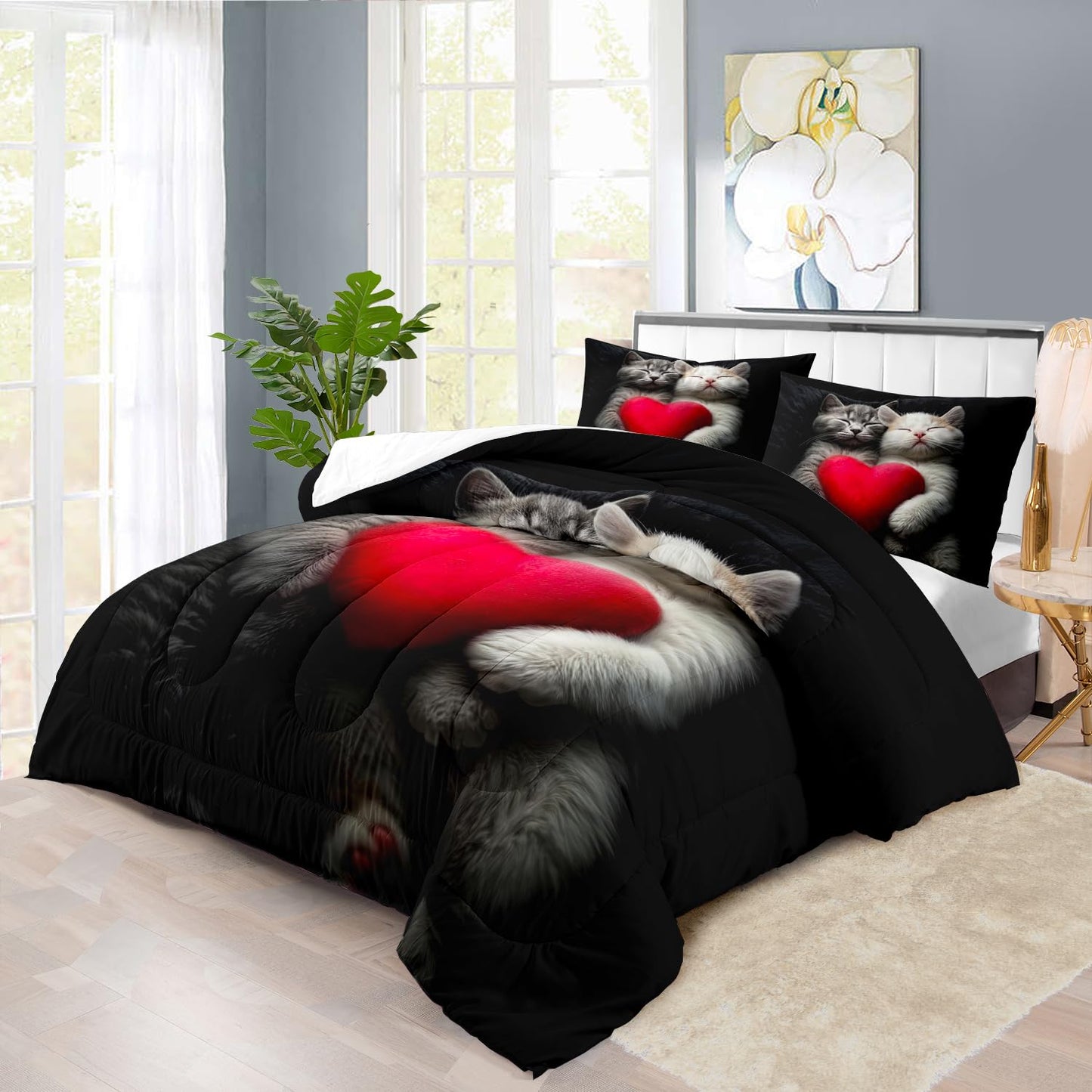 llyxsesty Cute Cat Comforter Set King,Kawaii Cat Bedding Set for Girls,Cute Animal Comforter Red Love Heart Bedding Decor,Kawaii Farm Animal Quilt Patterns Kids and Adults